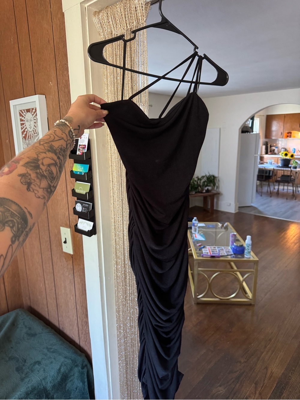 Black Asymmetrical Strappy Ruched Midi Dress